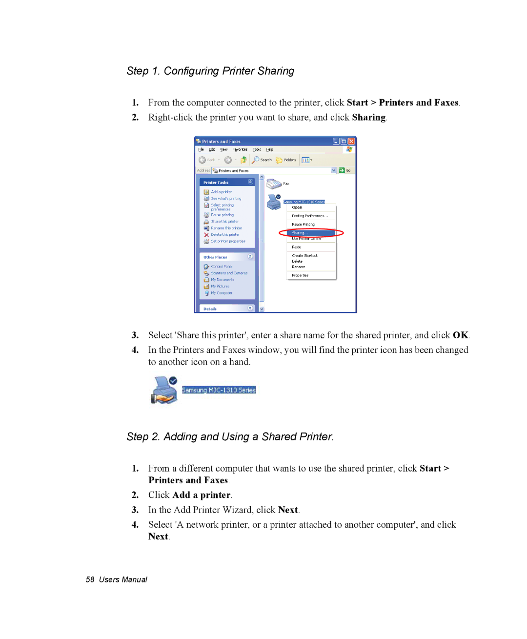 Samsung NQ20RP3LSU/SEF, NQ20RH3G98/SEK Configuring Printer Sharing, Adding and Using a Shared Printer, Click Add a printer 