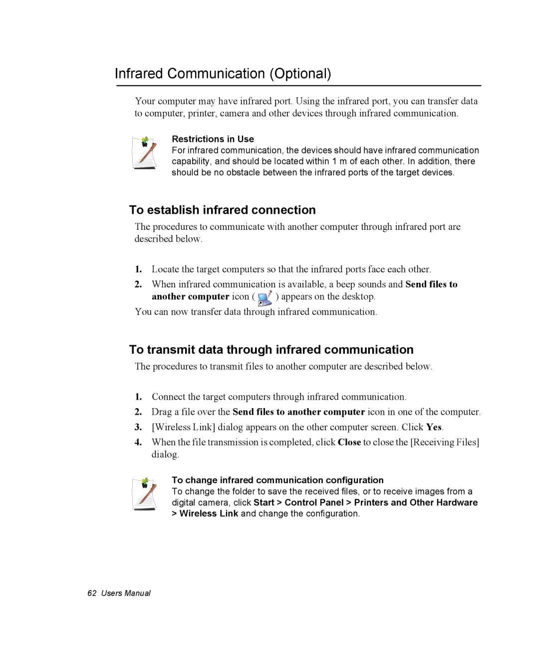 Samsung NQ25PRT001/SEF manual Infrared Communication Optional, To establish infrared connection, Another computer icon 