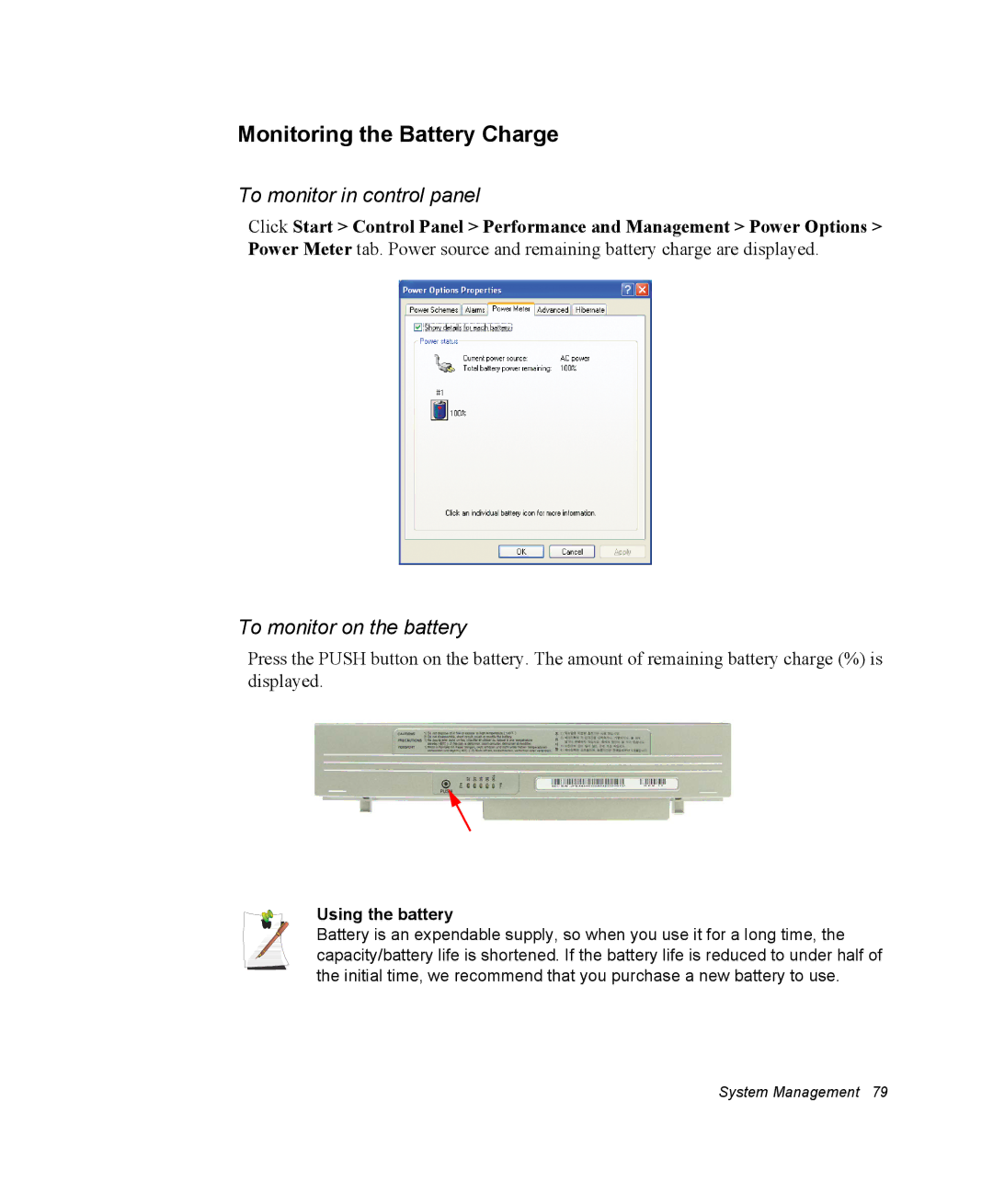 Samsung NQ25RP04PV/SEF manual Monitoring the Battery Charge, To monitor in control panel, To monitor on the battery 