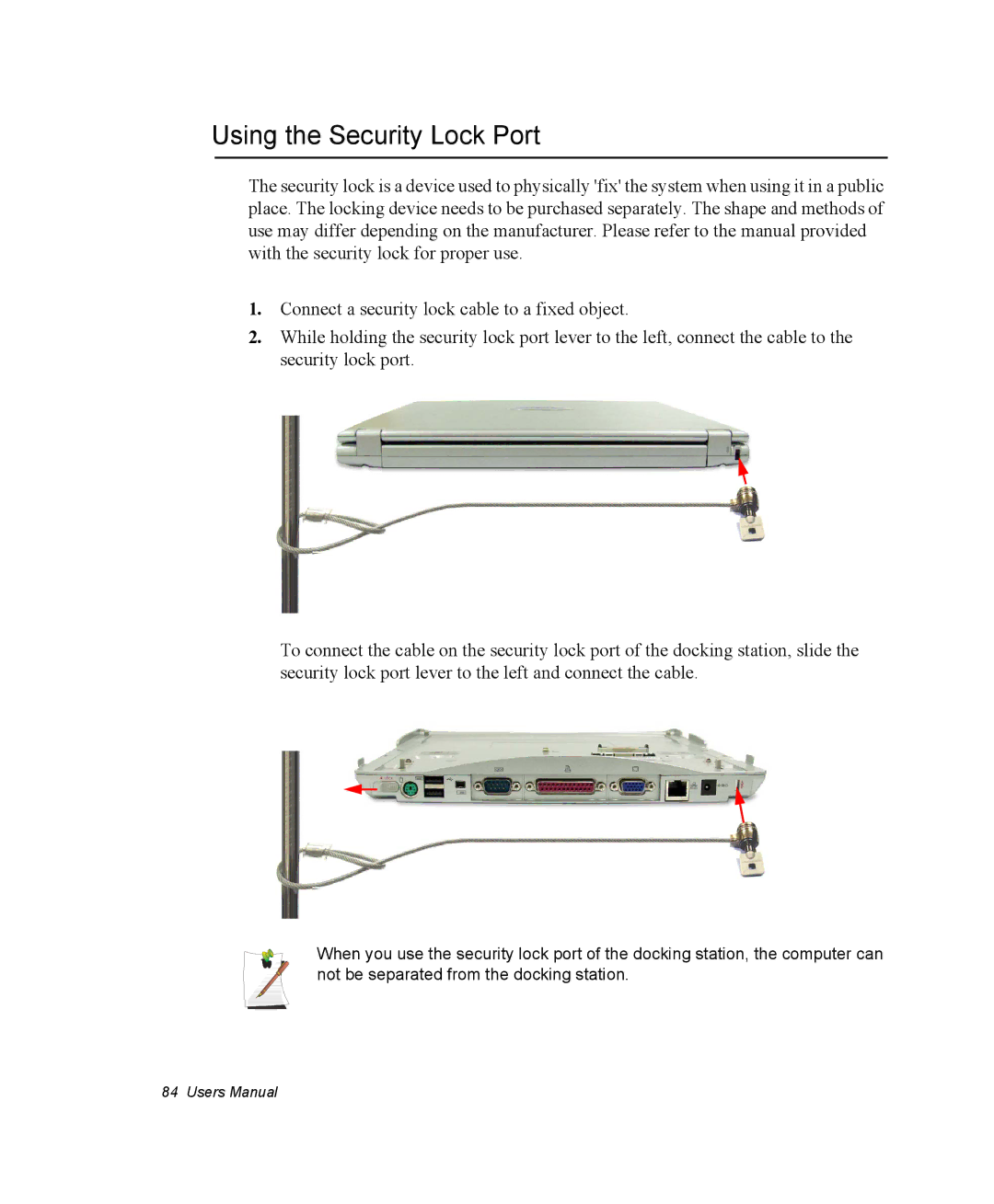 Samsung NQ25PRT002/SEF, NQ20RH3G98/SEK, NQ25TP06M6/SUK, NQ25PRT001/SEG, NQ20RH1XQH/SEK manual Using the Security Lock Port 