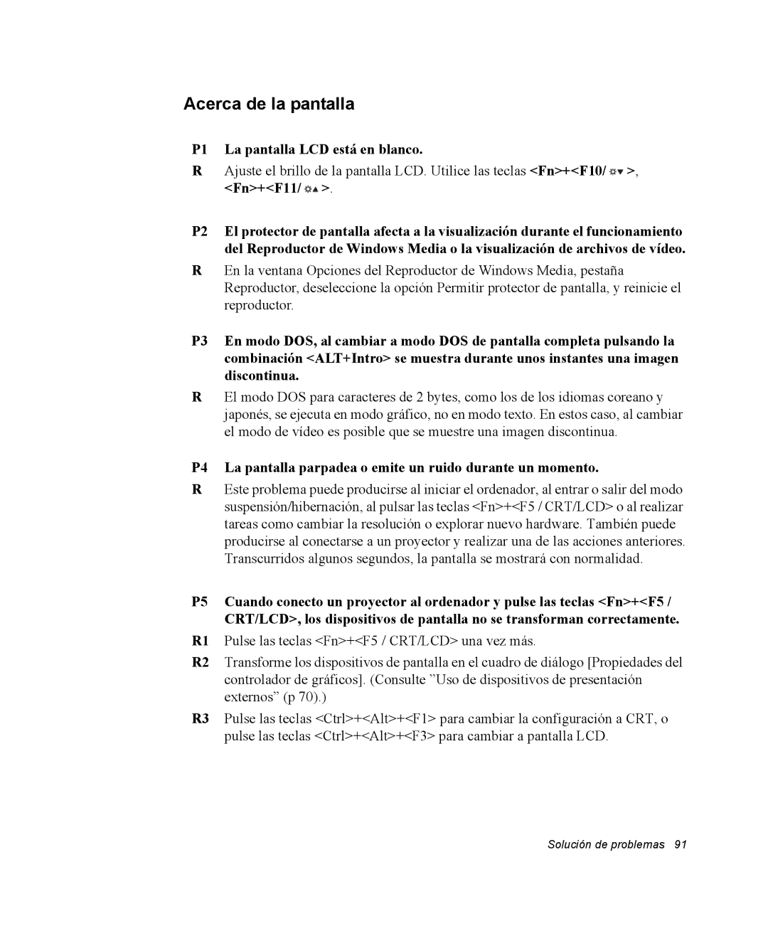 Samsung NQ20RH3LY2/SES, NQ20RH3LMJ/SES, NQ20RH238H/SES manual Acerca de la pantalla, P1 La pantalla LCD está en blanco 