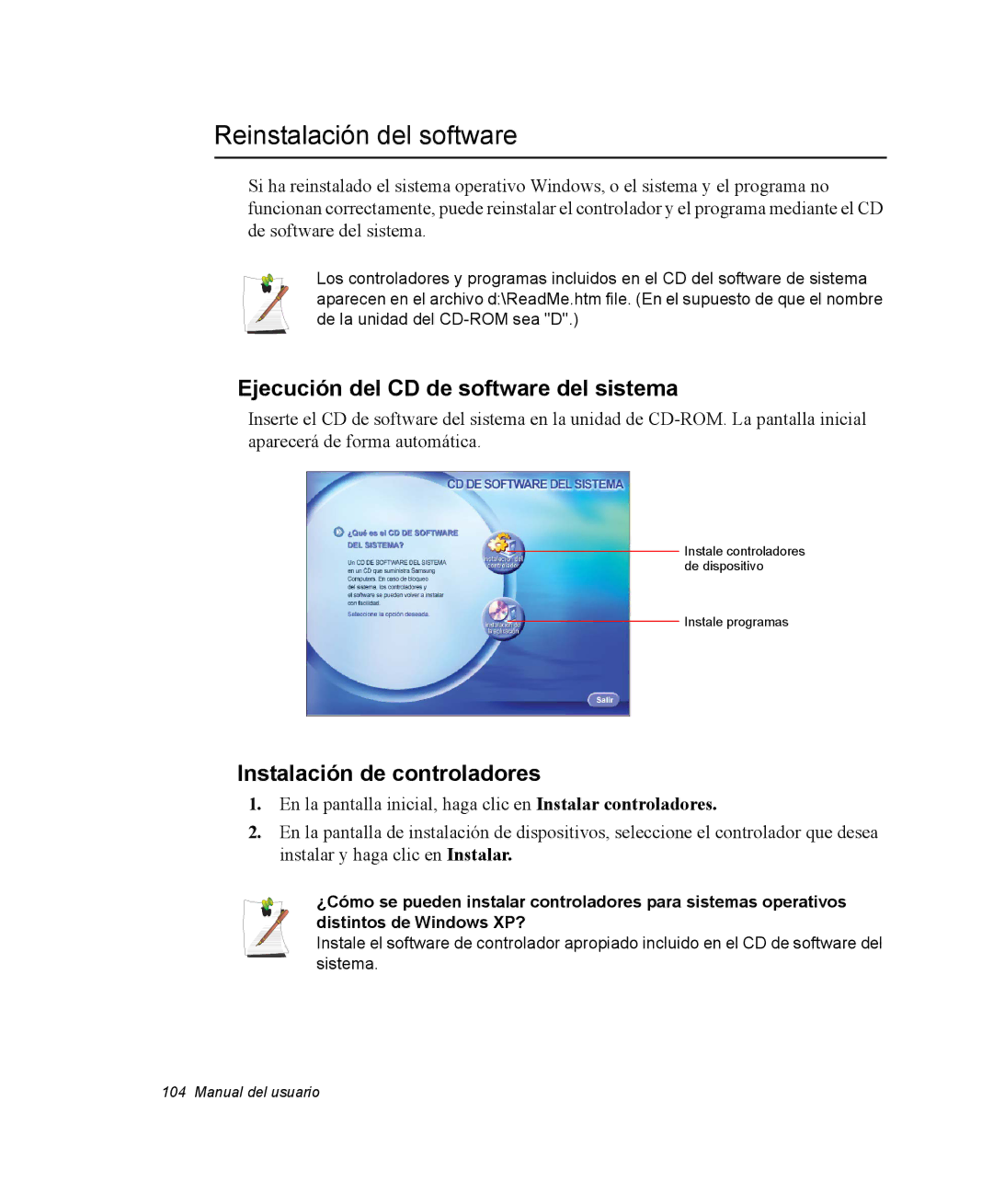 Samsung NQ20RP3PHG/SES Reinstalación del software, Ejecución del CD de software del sistema, Instalación de controladores 