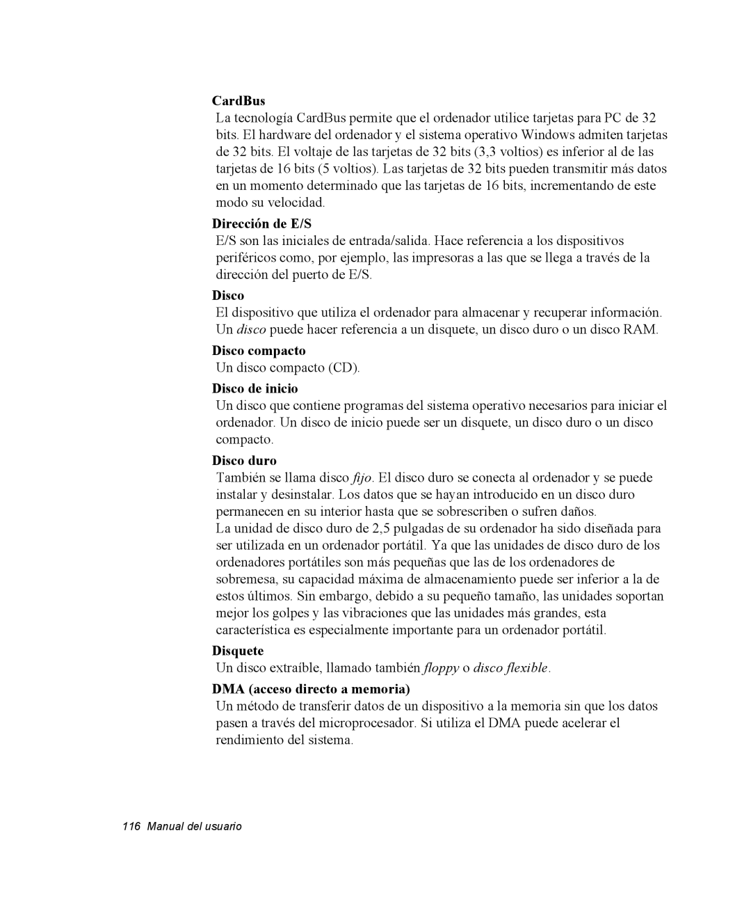 Samsung NQ20RH3LY2/SES manual CardBus, Dirección de E/S, Disco compacto, Disco de inicio, Disco duro, Disquete 