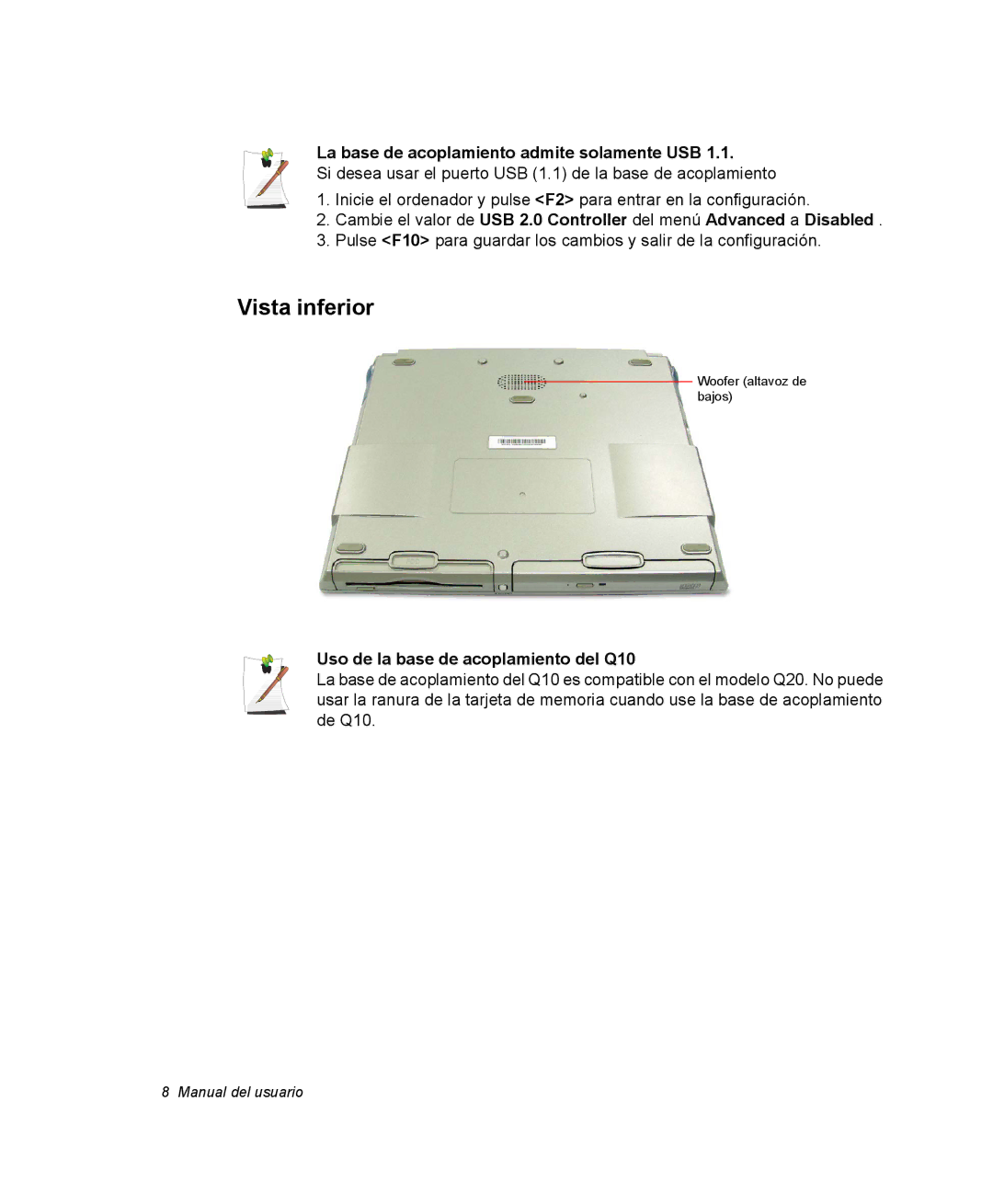 Samsung NQ20RH238H/SES manual La base de acoplamiento admite solamente USB, Uso de la base de acoplamiento del Q10 