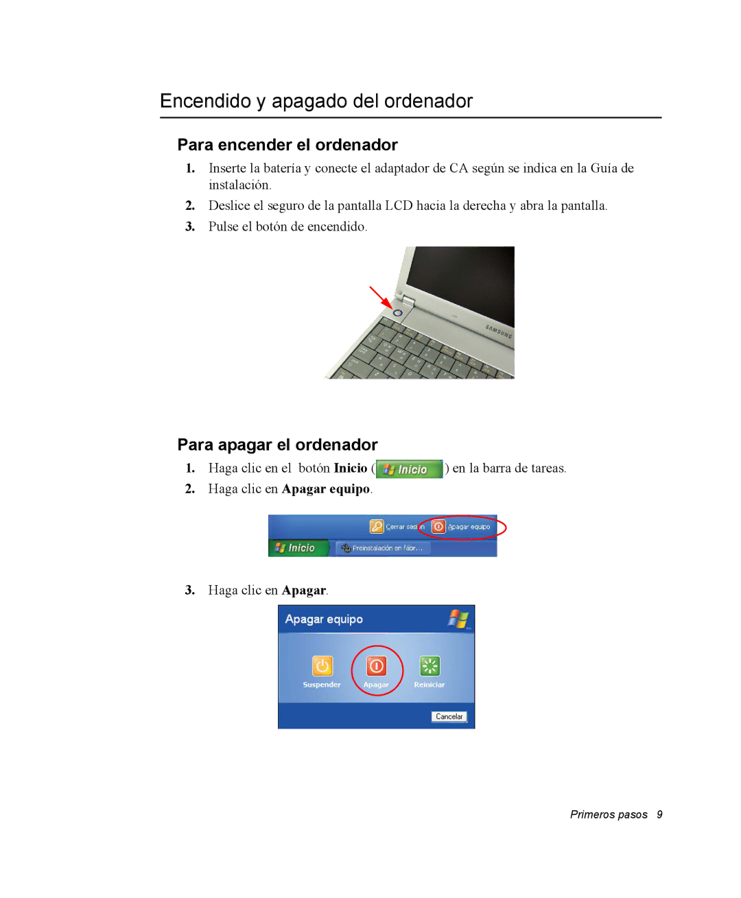 Samsung NQ20RP3PHG/SES manual Encendido y apagado del ordenador, Para encender el ordenador, Para apagar el ordenador 