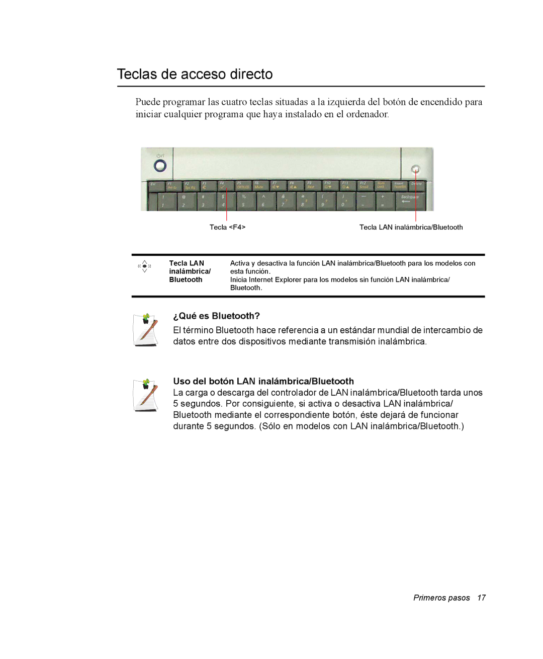 Samsung NQ20RH3LMJ/SES manual Teclas de acceso directo, ¿Qué es Bluetooth?, Uso del botón LAN inalámbrica/Bluetooth 