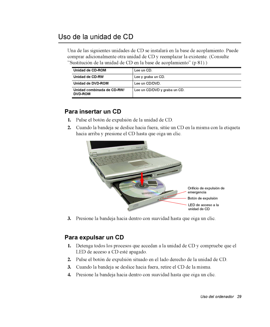 Samsung NQ20RP3PHG/SES, NQ20RH3LMJ/SES, NQ20RH238H/SES Uso de la unidad de CD, Para insertar un CD, Para expulsar un CD 