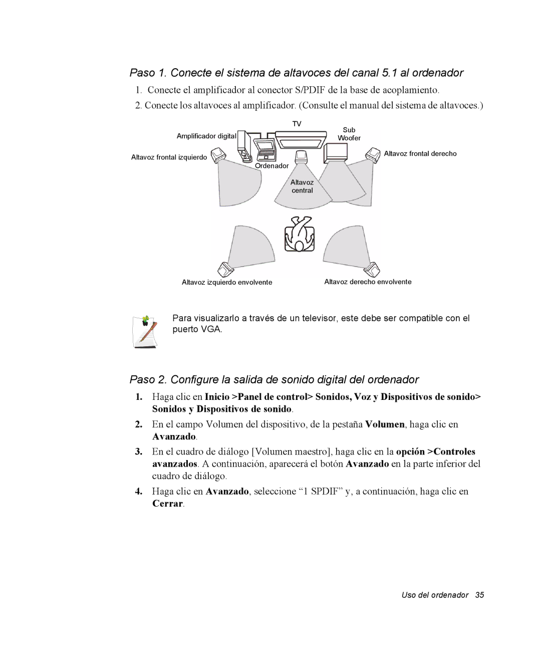 Samsung NQ20RP31Y8/SES, NQ20RH3LMJ/SES, NQ20RH238H/SES manual Paso 2. Configure la salida de sonido digital del ordenador 