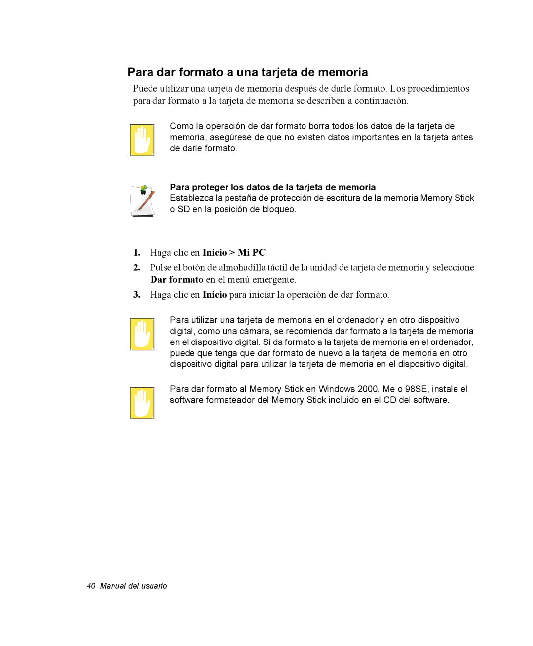 Samsung NQ20RP31Y8/SES manual Para dar formato a una tarjeta de memoria, Para proteger los datos de la tarjeta de memoria 