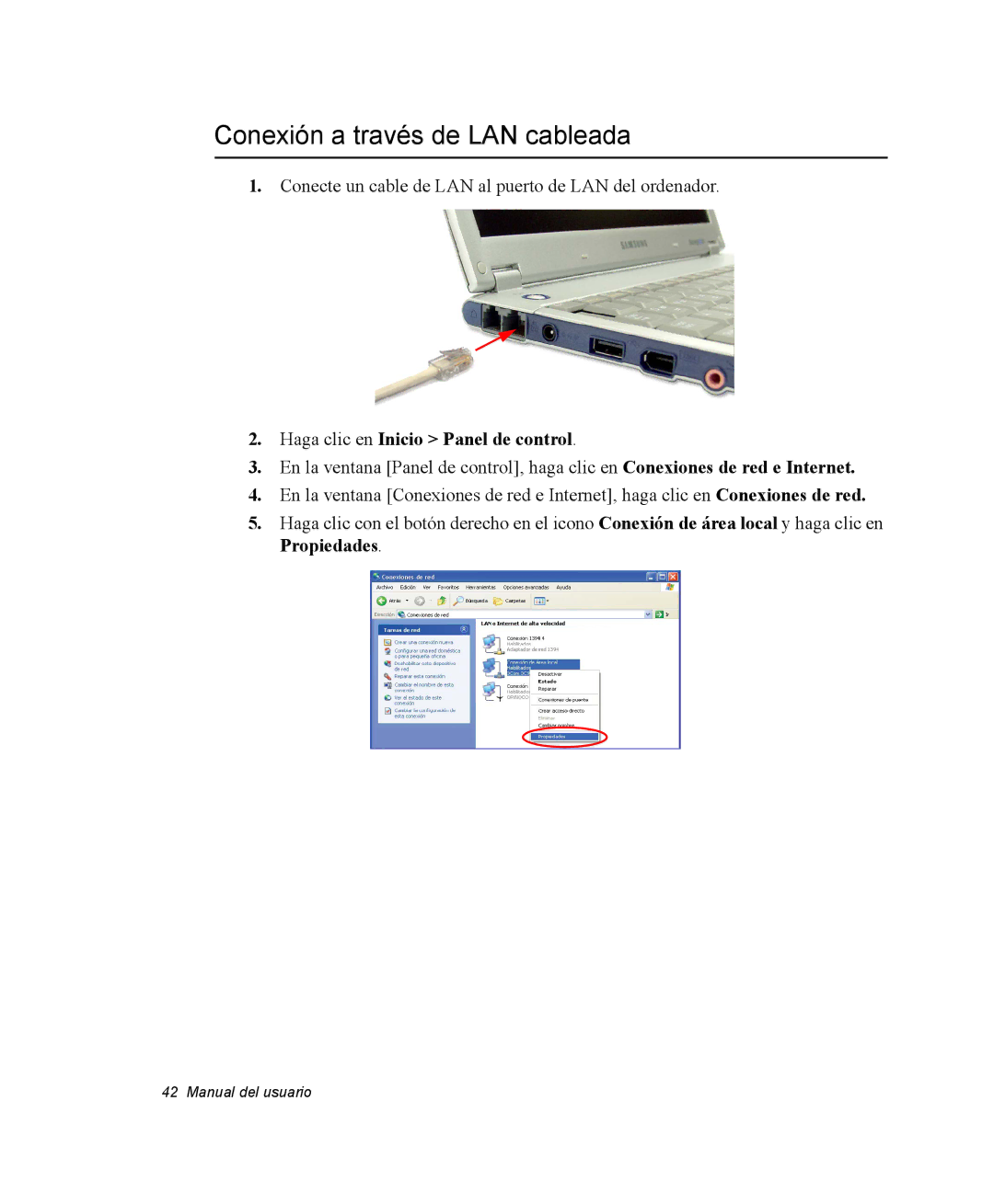 Samsung NQ20RH3LMJ/SES, NQ20RH238H/SES manual Conexión a través de LAN cableada, Haga clic en Inicio Panel de control 