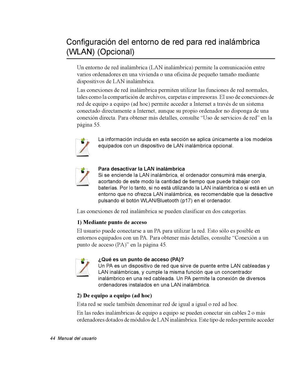 Samsung NQ20RP3PHG/SES manual Mediante punto de acceso, De equipo a equipo ad hoc, Para desactivar la LAN inalámbrica 