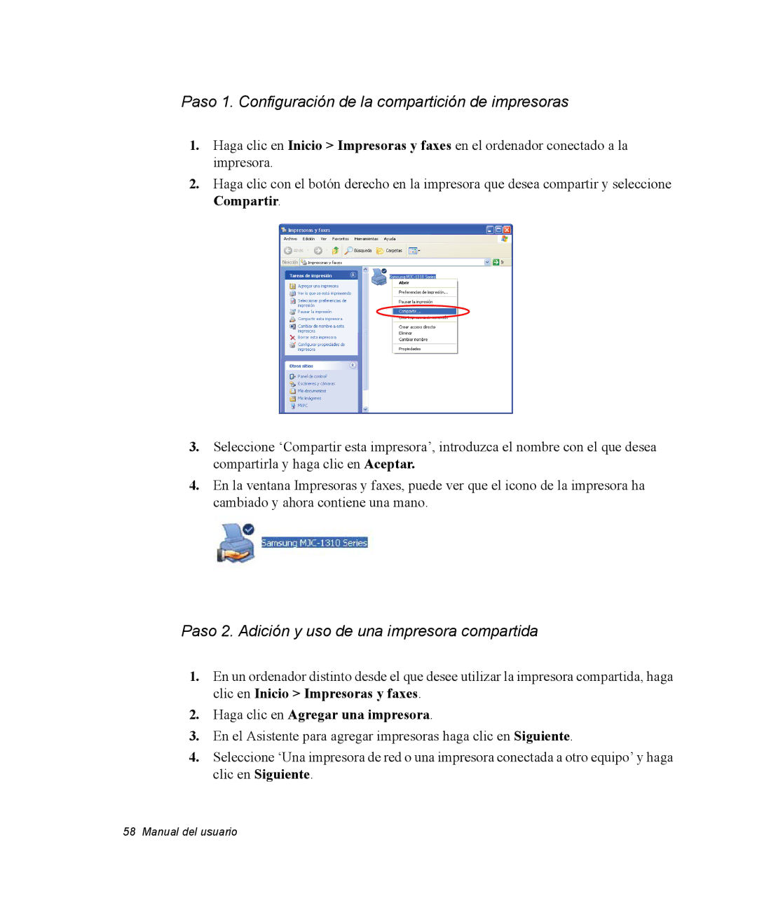 Samsung NQ20RH238H/SES manual Paso 1. Configuración de la compartición de impresoras, Haga clic en Agregar una impresora 