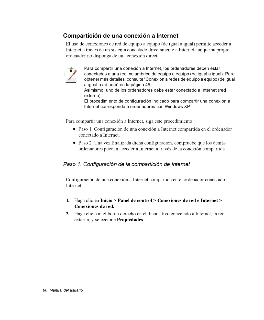 Samsung NQ20RP31Y8/SES manual Compartición de una conexión a Internet, Paso 1. Configuración de la compartición de Internet 