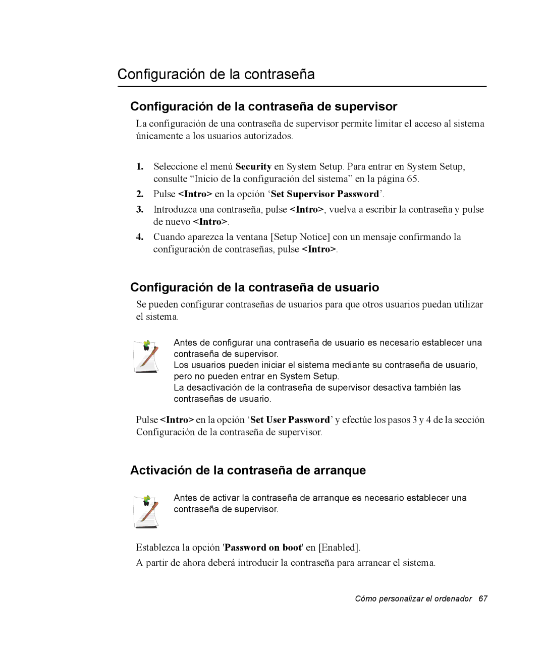 Samsung NQ20RH3LMJ/SES manual Configuración de la contraseña de supervisor, Configuración de la contraseña de usuario 