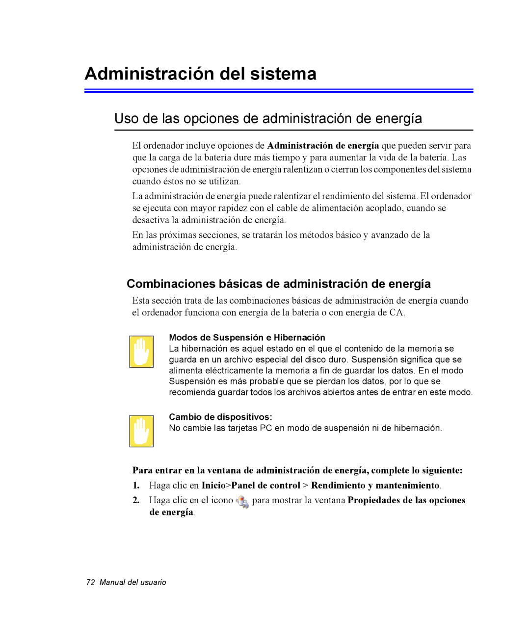 Samsung NQ20RH3LMJ/SES, NQ20RH238H/SES manual Administración del sistema, Uso de las opciones de administración de energía 