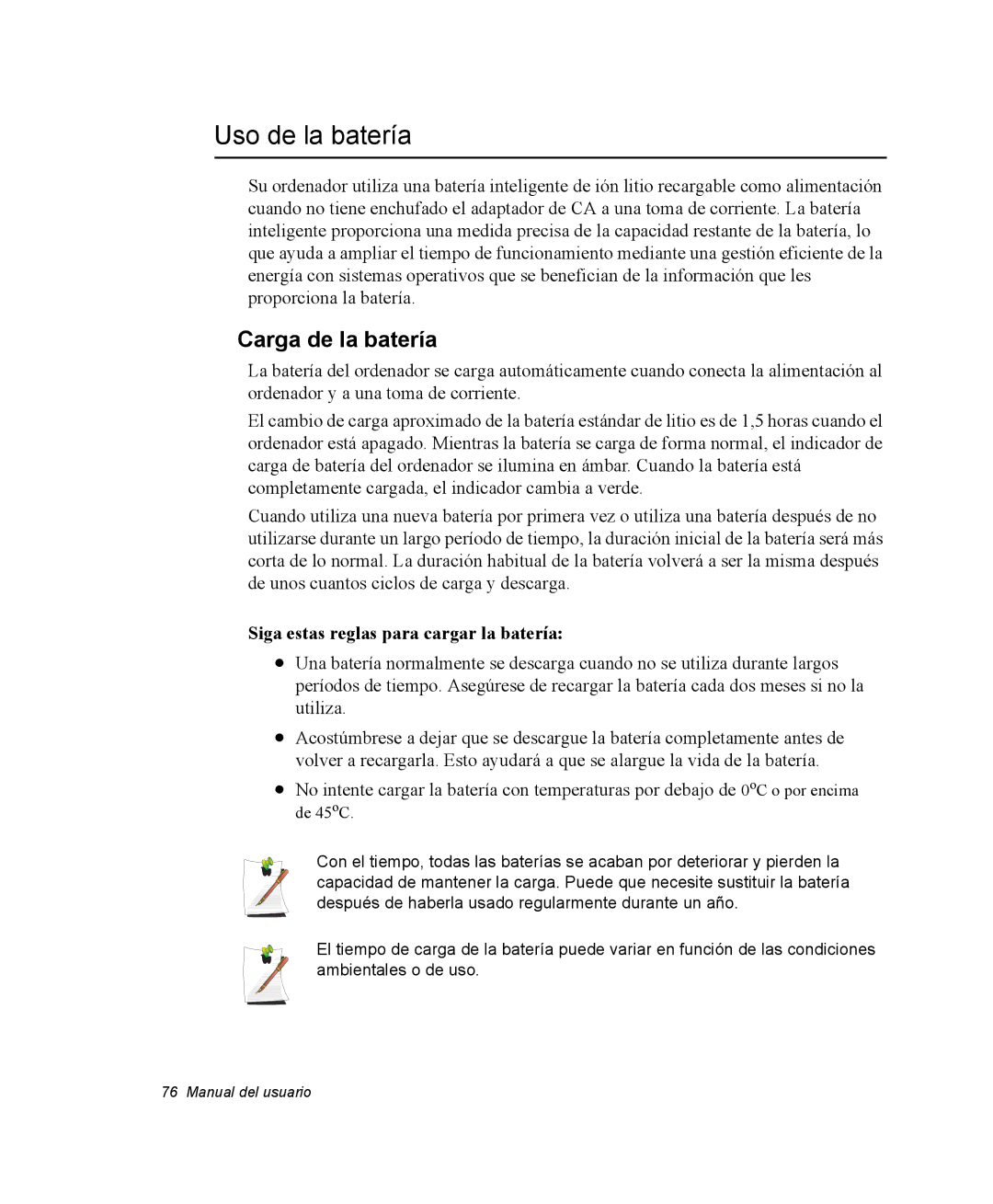 Samsung NQ20RH3LY2/SES, NQ20RH3LMJ/SES Uso de la batería, Carga de la batería, Siga estas reglas para cargar la batería 