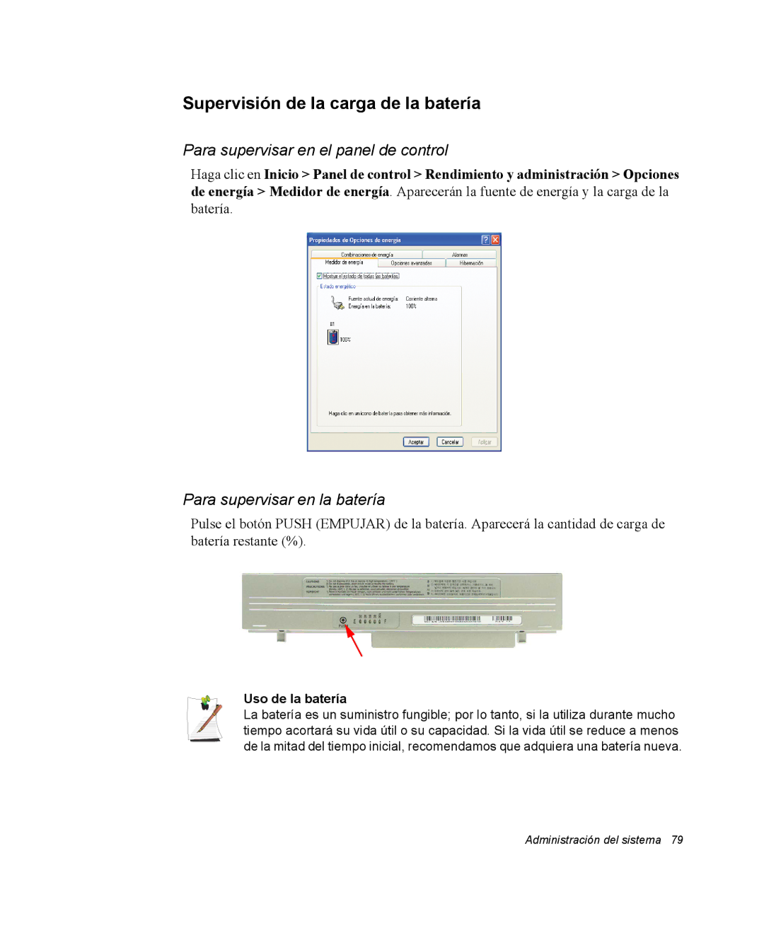 Samsung NQ20RP3PHG/SES Supervisión de la carga de la batería, Para supervisar en el panel de control, Uso de la batería 