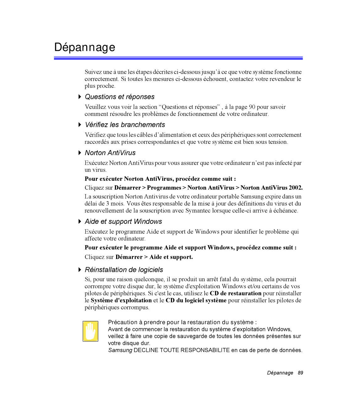 Samsung NQ20RP2HE8/SEF, NQ20RP3LSU/SEF, NQ20RP3GH8/SEF, NQ20RP3M62/SEF manual Dépannage 