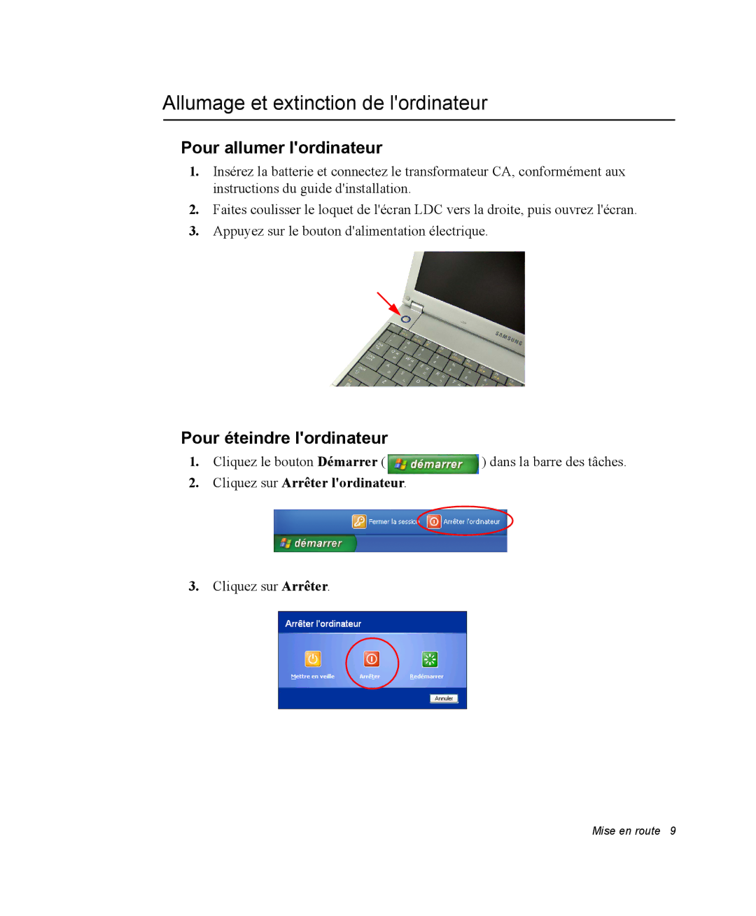 Samsung NQ20RP2HE8/SEF manual Allumage et extinction de lordinateur, Pour allumer lordinateur, Pour éteindre lordinateur 