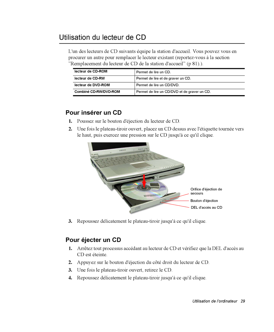 Samsung NQ20RP2HE8/SEF, NQ20RP3LSU/SEF, NQ20RP3GH8/SEF Utilisation du lecteur de CD, Pour insérer un CD, Pour éjecter un CD 