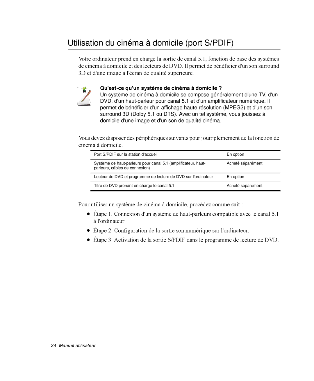 Samsung NQ20RP3M62/SEF manual Utilisation du cinéma à domicile port S/PDIF, Quest-ce quun système de cinéma à domicile ? 