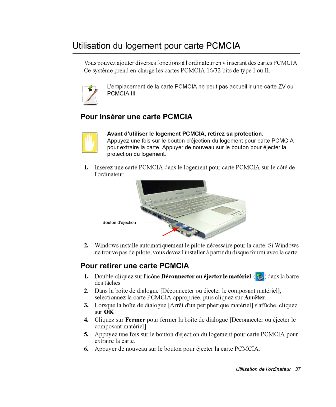 Samsung NQ20RP2HE8/SEF, NQ20RP3LSU/SEF manual Utilisation du logement pour carte Pcmcia, Pour insérer une carte Pcmcia 