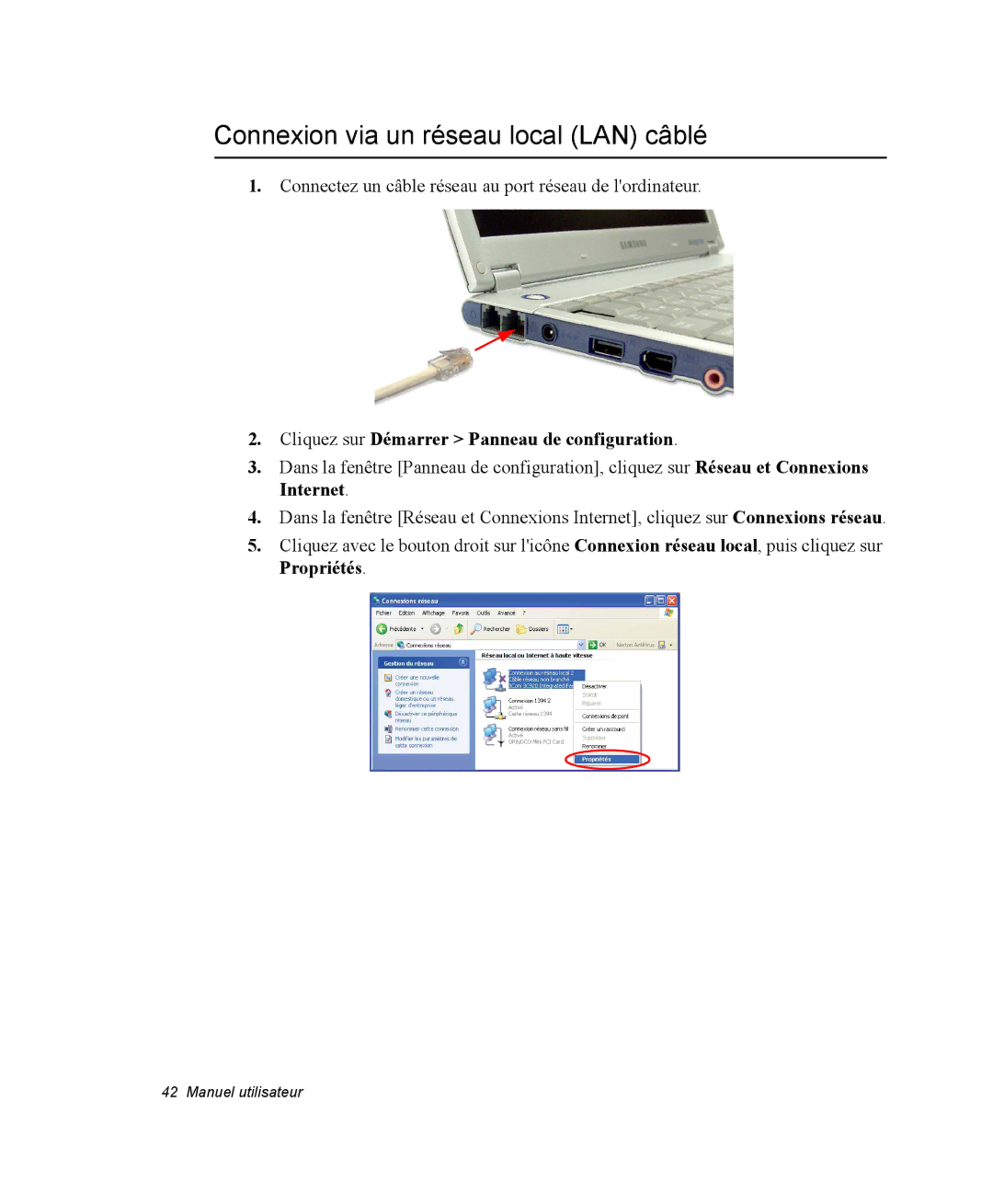 Samsung NQ20RP3M62/SEF manual Connexion via un réseau local LAN câblé, Cliquez sur Démarrer Panneau de configuration 