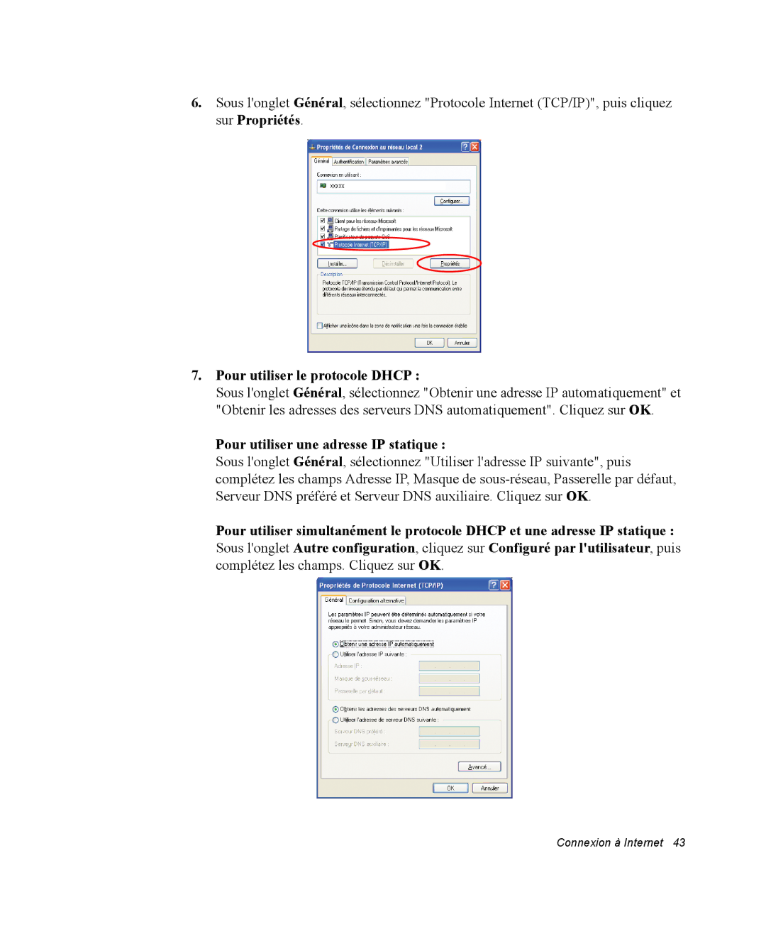 Samsung NQ20RP3LSU/SEF, NQ20RP3GH8/SEF manual Pour utiliser le protocole Dhcp, Pour utiliser une adresse IP statique 