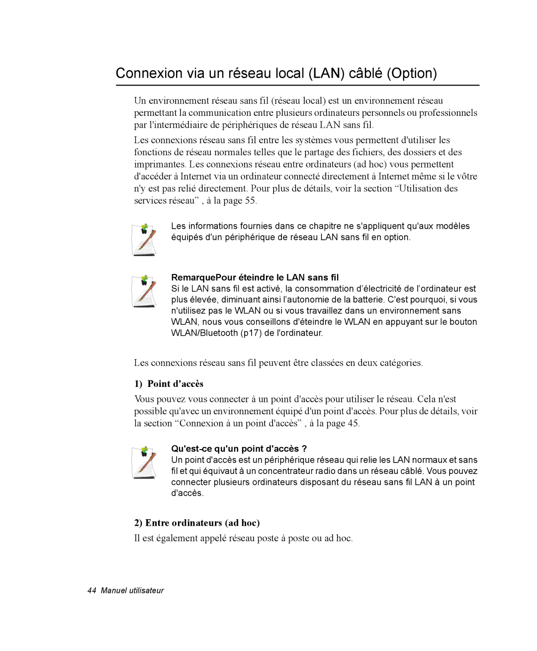 Samsung NQ20RP3GH8/SEF manual Connexion via un réseau local LAN câblé Option, Point daccès, Entre ordinateurs ad hoc 