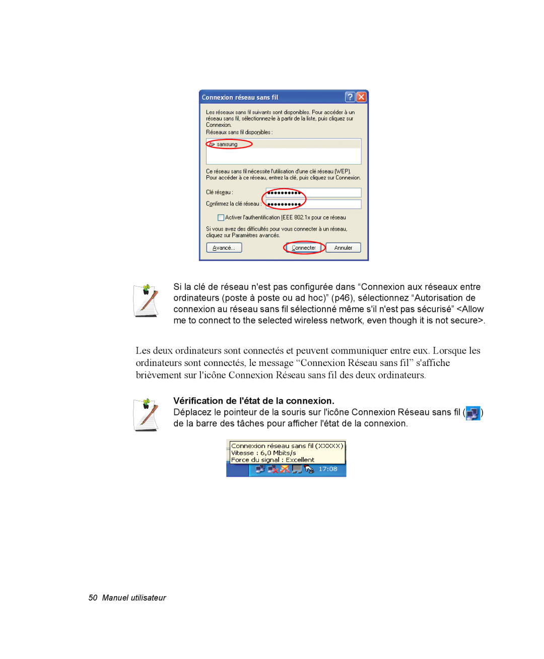 Samsung NQ20RP3M62/SEF, NQ20RP3LSU/SEF, NQ20RP3GH8/SEF, NQ20RP2HE8/SEF manual Vérification de létat de la connexion 