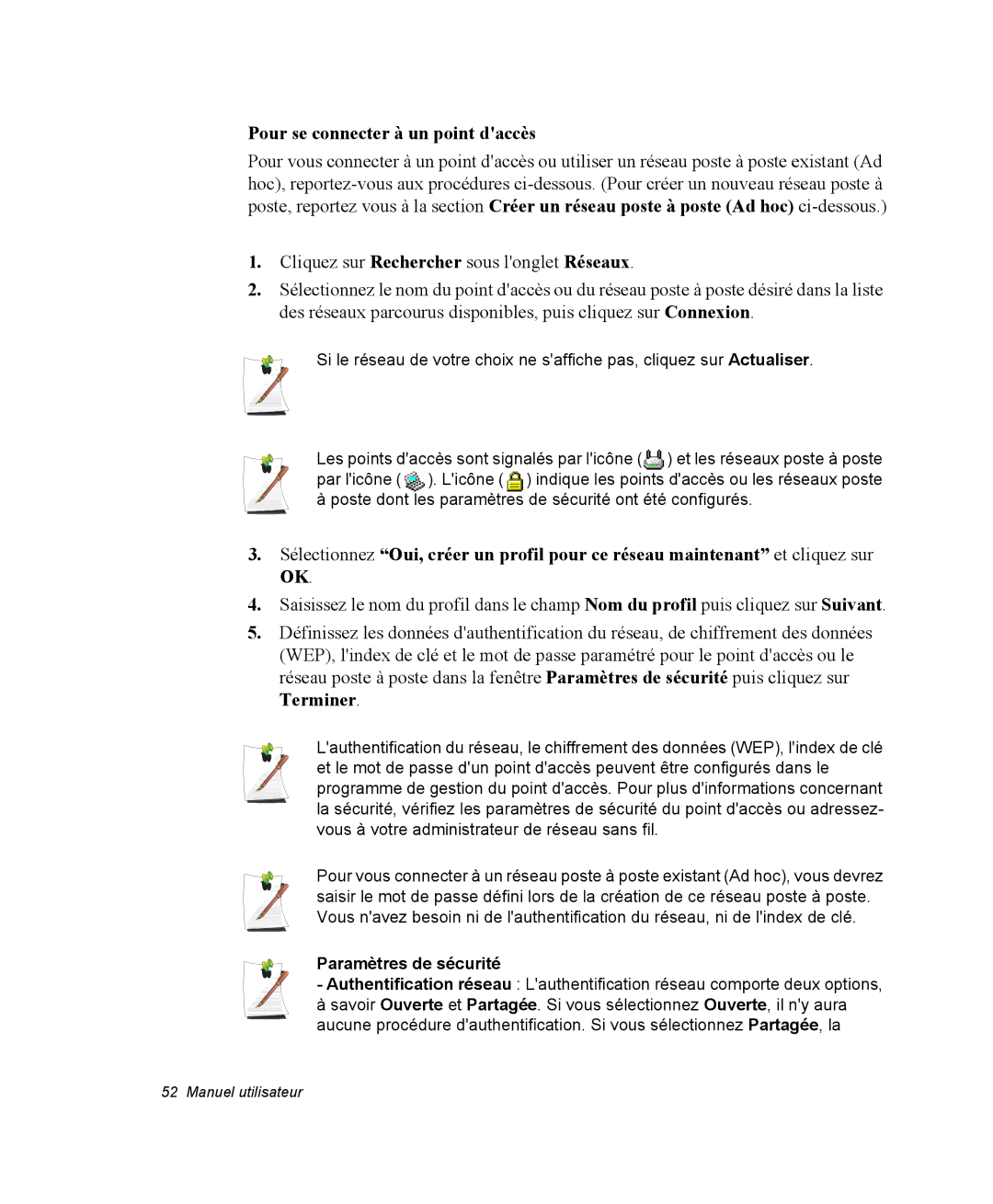 Samsung NQ20RP3GH8/SEF, NQ20RP3LSU/SEF, NQ20RP2HE8/SEF manual Pour se connecter à un point daccès, Paramètres de sécurité 