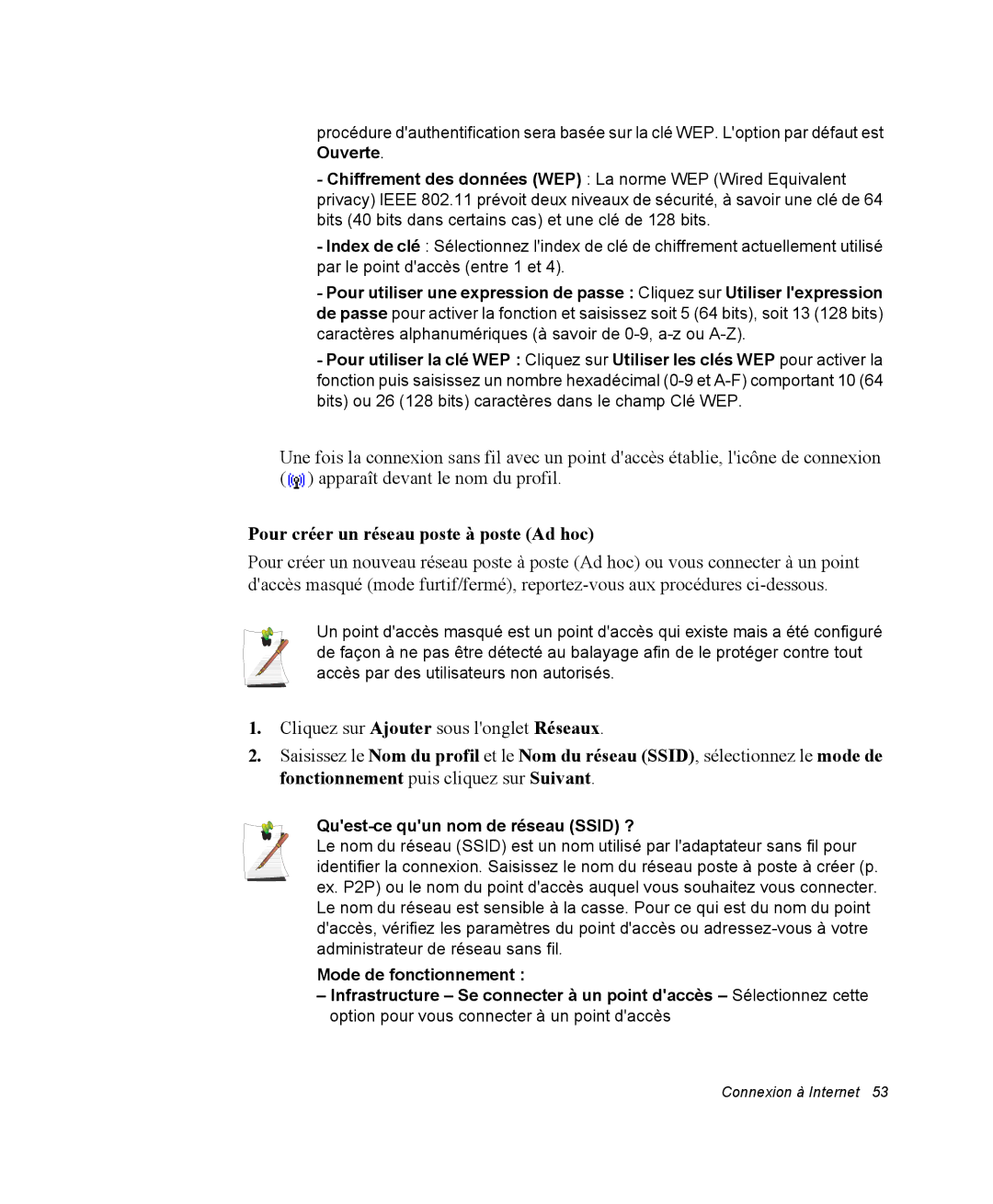 Samsung NQ20RP2HE8/SEF, NQ20RP3LSU/SEF manual Pour créer un réseau poste à poste Ad hoc, Quest-ce quun nom de réseau Ssid ? 