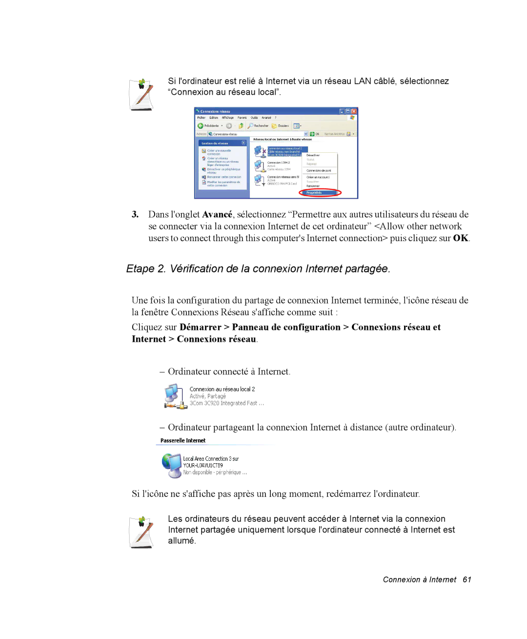 Samsung NQ20RP2HE8/SEF, NQ20RP3LSU/SEF, NQ20RP3GH8/SEF manual Etape 2. Vérification de la connexion Internet partagée 