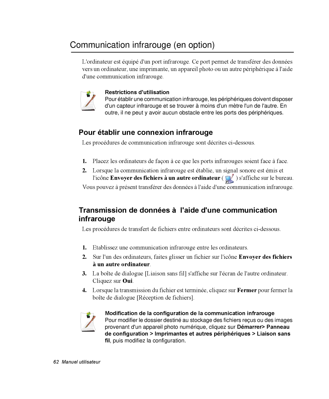 Samsung NQ20RP3M62/SEF, NQ20RP3LSU/SEF manual Communication infrarouge en option, Pour établir une connexion infrarouge 