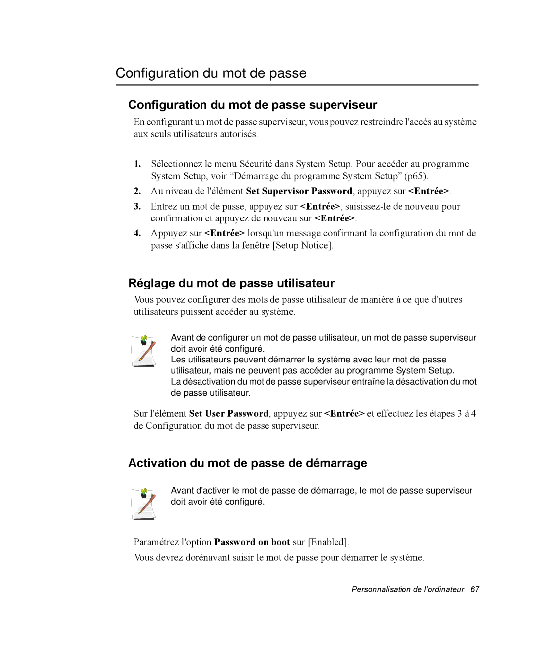 Samsung NQ20RP3LSU/SEF, NQ20RP3GH8/SEF Configuration du mot de passe superviseur, Réglage du mot de passe utilisateur 