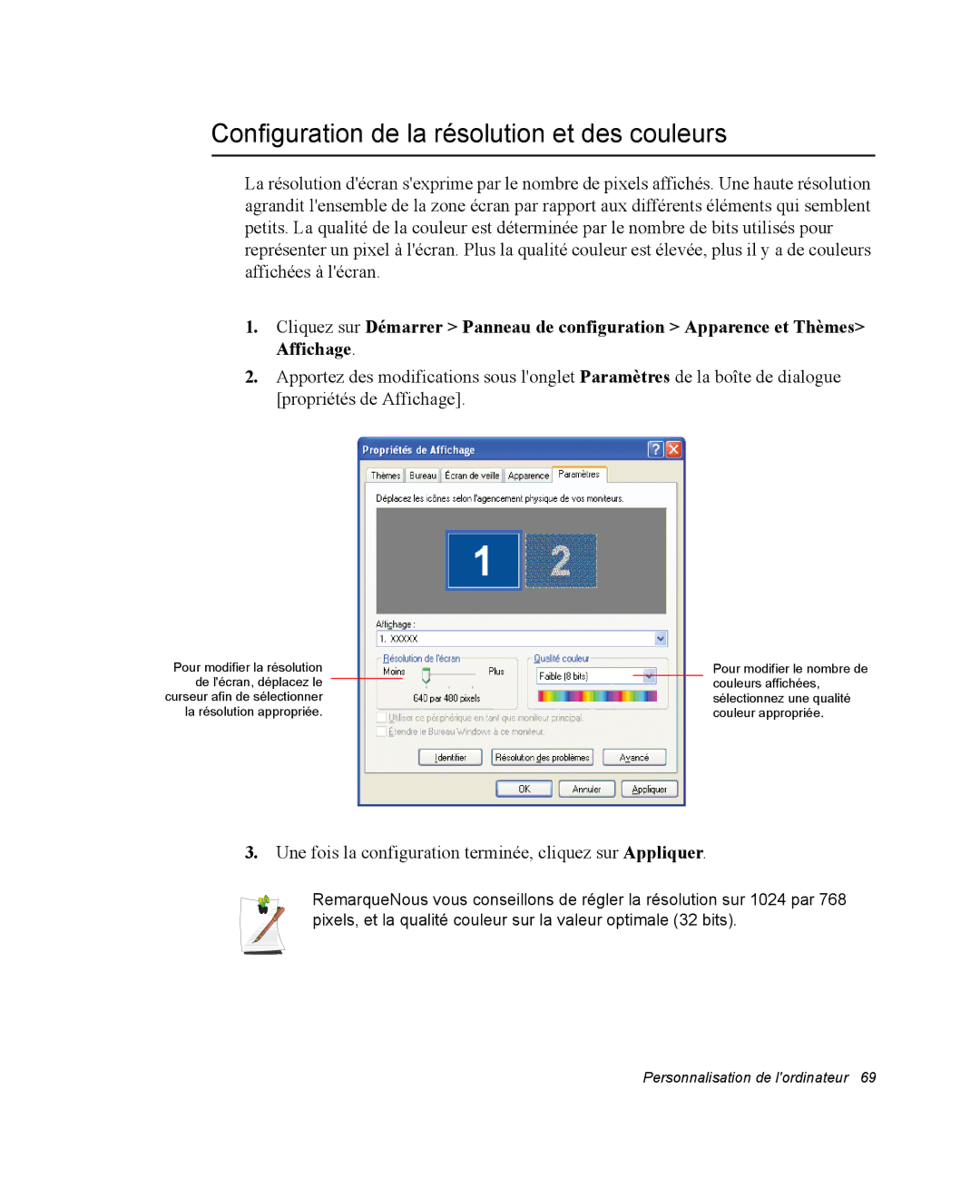 Samsung NQ20RP2HE8/SEF, NQ20RP3LSU/SEF, NQ20RP3GH8/SEF, NQ20RP3M62/SEF manual Configuration de la résolution et des couleurs 