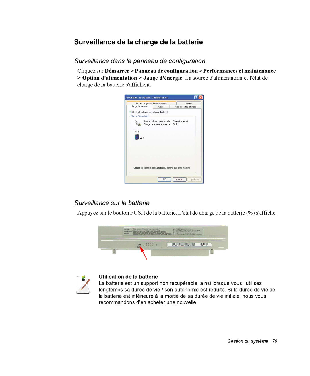 Samsung NQ20RP3LSU/SEF manual Surveillance de la charge de la batterie, Surveillance dans le panneau de configuration 