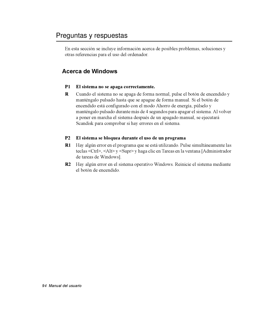 Samsung NQ25PRC002/SES, NQ25PRC004/SES Preguntas y respuestas, Acerca de Windows, P1 El sistema no se apaga correctamente 