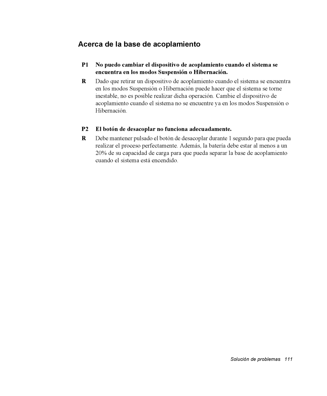 Samsung NQ25PRT000/SES manual Acerca de la base de acoplamiento, P2 El botón de desacoplar no funciona adecuadamente 