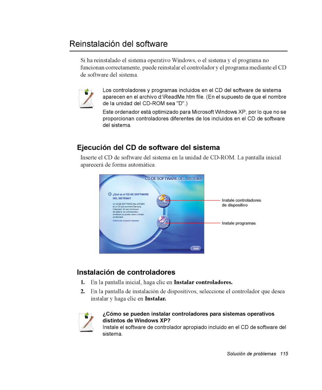 Samsung NQ25TH0AZH/SES Reinstalación del software, Ejecución del CD de software del sistema, Instalación de controladores 