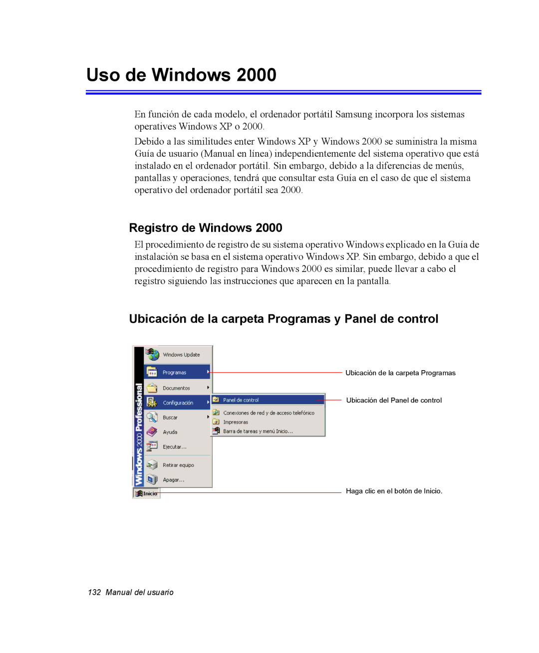 Samsung NQ25PRC001/SES manual Uso de Windows, Registro de Windows, Ubicación de la carpeta Programas y Panel de control 