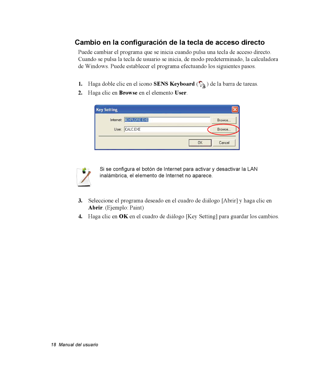 Samsung NQ25PRC003/SES, NQ25PRC004/SES, NQ25PRT001/SES manual Cambio en la configuración de la tecla de acceso directo 