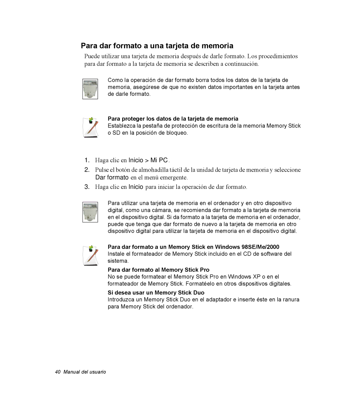 Samsung NQ25TP06KV/SES manual Para dar formato a una tarjeta de memoria, Para proteger los datos de la tarjeta de memoria 