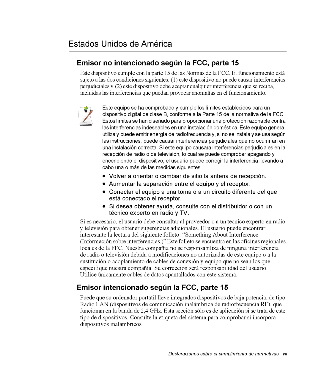 Samsung NQ25PRC002/SES, NQ25PRC004/SES manual Estados Unidos de América, Emisor no intencionado según la FCC, parte 