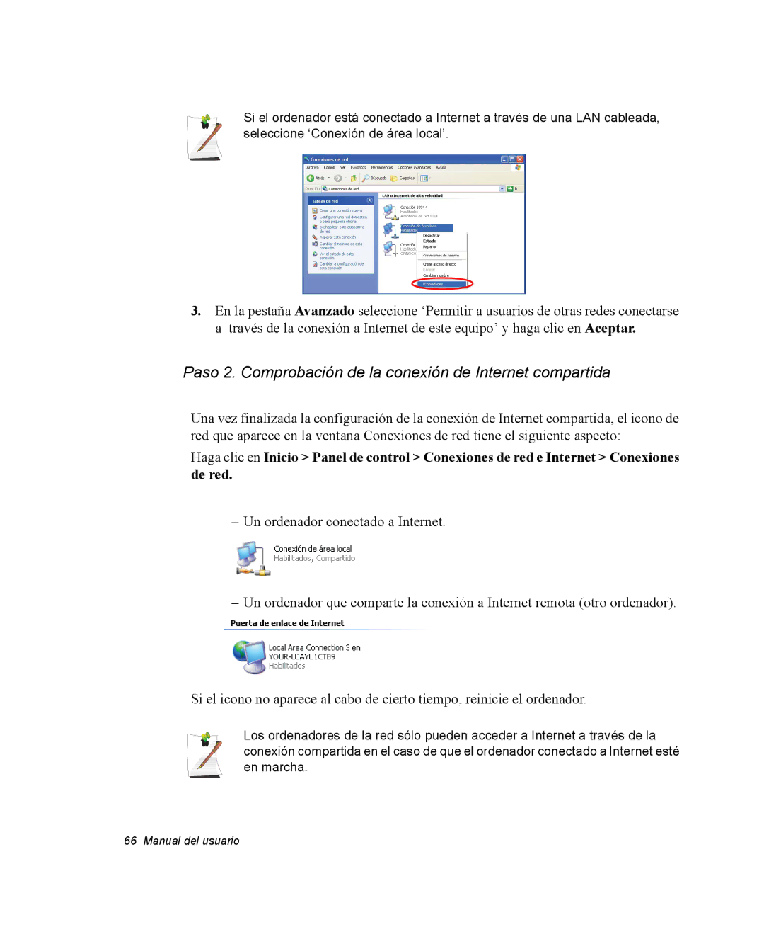 Samsung NQ25PRT002/SES, NQ25PRC004/SES, NQ25PRC003/SES manual Paso 2. Comprobación de la conexión de Internet compartida 