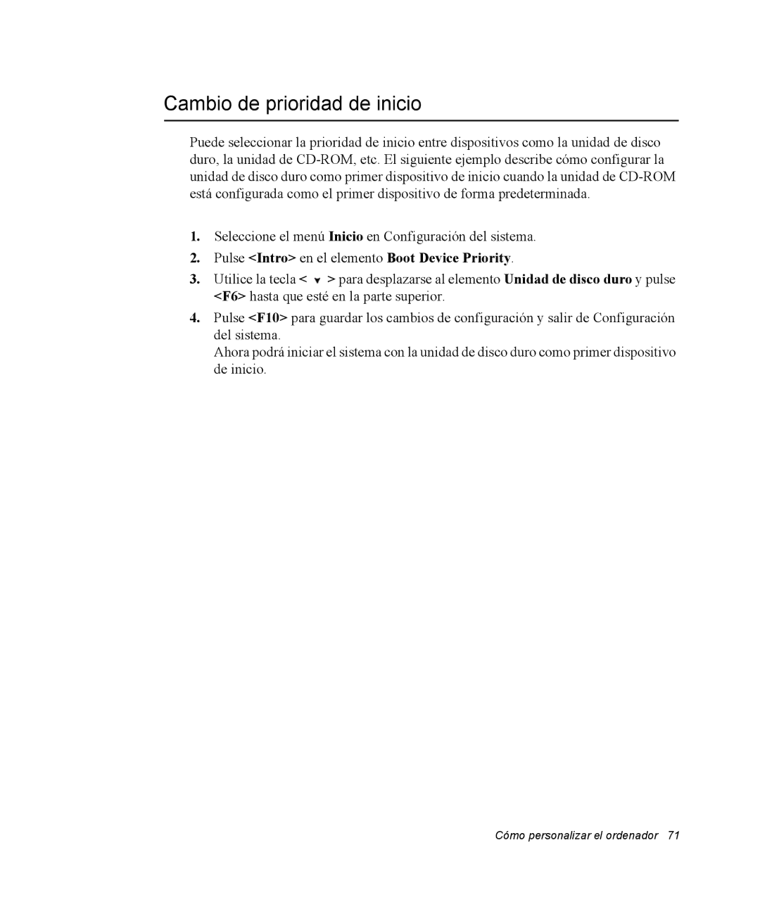 Samsung NQ25PRT000/SES, NQ25PRC004/SES manual Cambio de prioridad de inicio, Pulse Intro en el elemento Boot Device Priority 