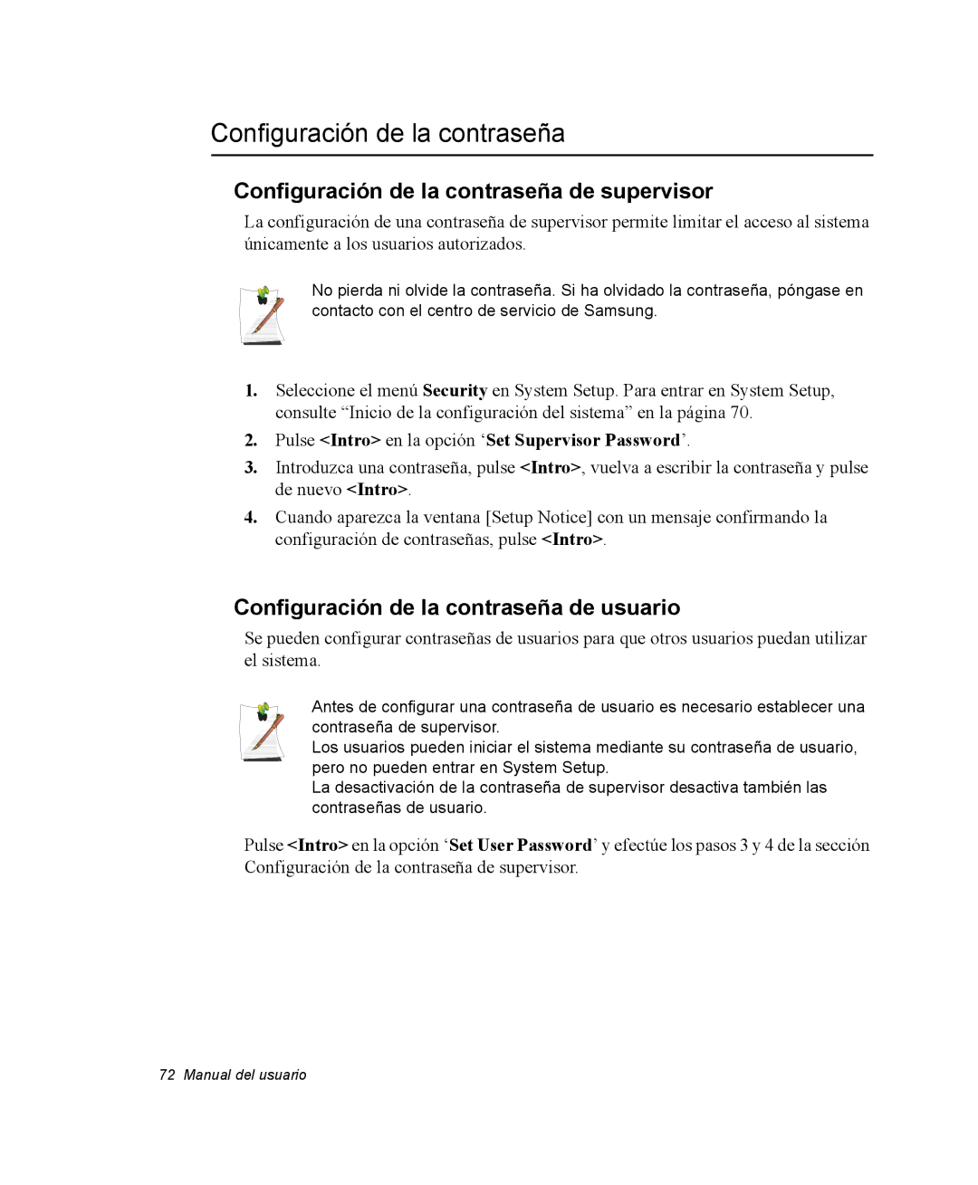 Samsung NQ25PRC001/SES manual Configuración de la contraseña de supervisor, Configuración de la contraseña de usuario 