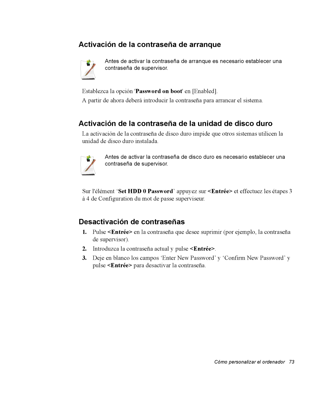 Samsung NQ25PRC000/SES Activación de la contraseña de arranque, Activación de la contraseña de la unidad de disco duro 