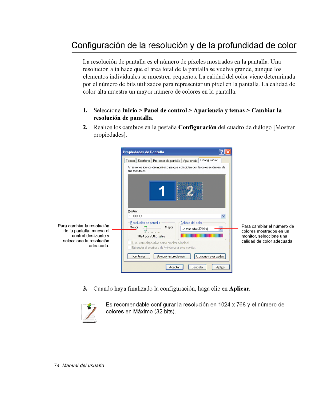 Samsung NQ25PRC002/SES, NQ25PRC004/SES, NQ25PRC003/SES manual Configuración de la resolución y de la profundidad de color 