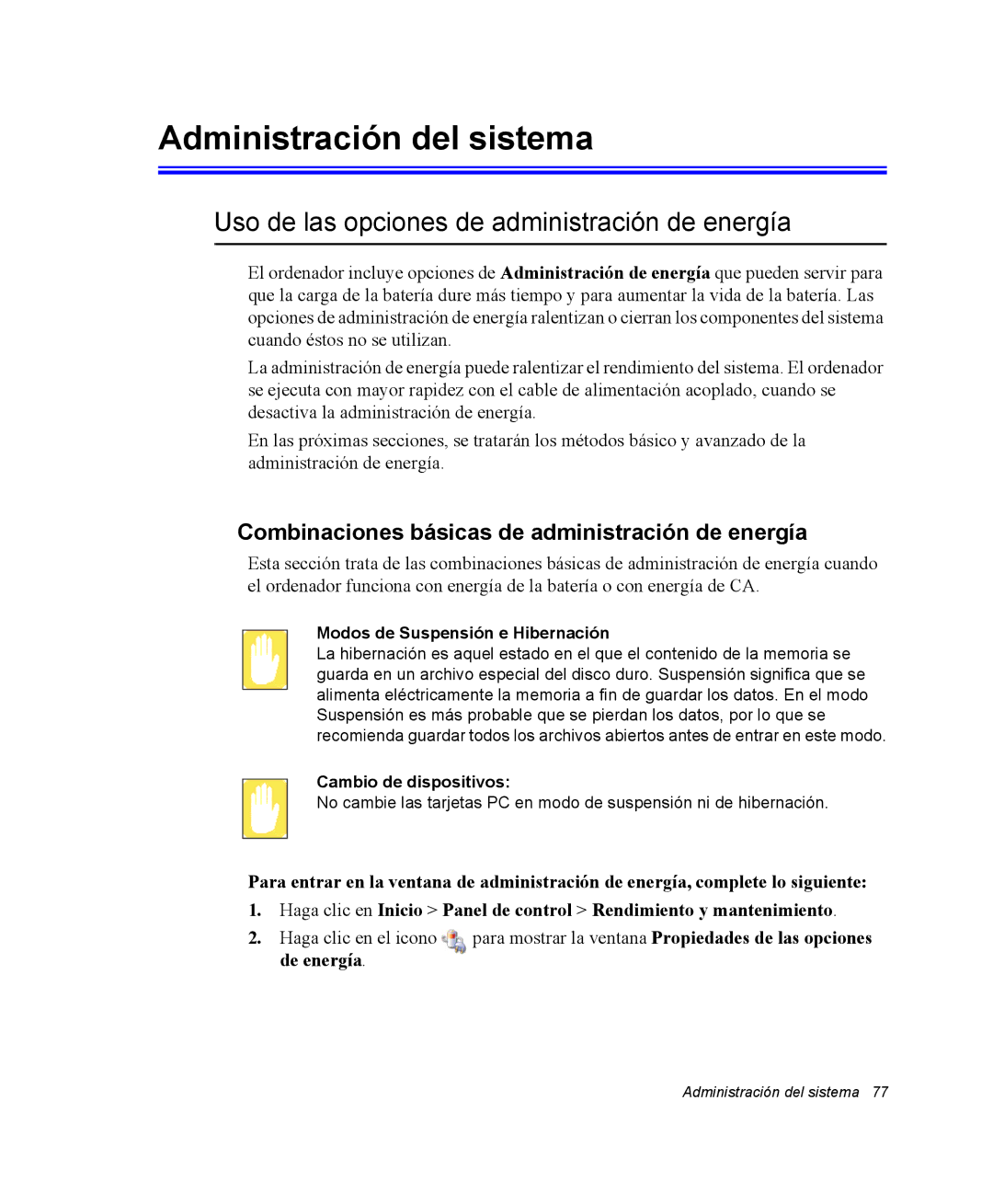 Samsung NQ25PRC004/SES, NQ25PRC003/SES manual Administración del sistema, Uso de las opciones de administración de energía 